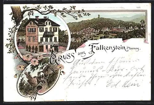 Lithographie Falkenstein i. T., Restaurant zum Taunus W. Hasselbach, Burgruine, Gesamtansicht