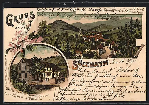 Lithographie Sülzhayn, Gasthaus zur Post, Ortsansicht