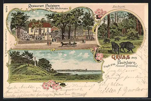 Lithographie Berlin-Grunewald-Paulsborn, Restaurant Paulsborn von W. Wichmann