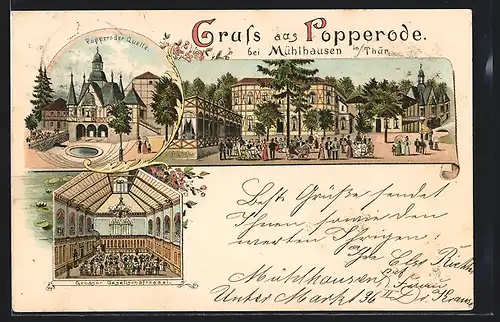 Lithographie Popperode b. Mühlhausen / Thür., Quelle, Ortspartie, Grosser Gesellschaftssaal