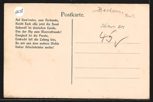 Künstler-AK Bochum, Verband der Bergarbeiter, Verwaltungsgebäude und Wohn- und Geschäftshäuser, Bergleute