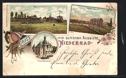 Lithographie Frankfurt-Niederrad, Schöne Aussicht, Gasthaus, Rennbahn, Villa Manskopf