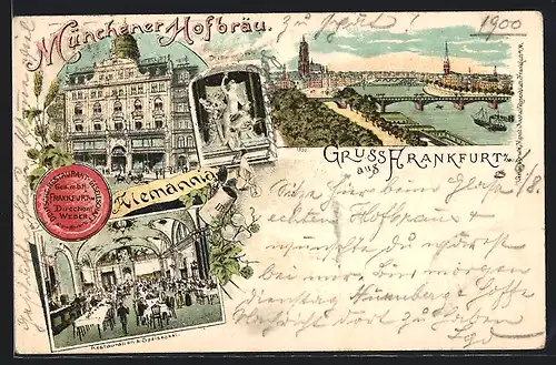 Lithographie Frankfurt a. M., Gasthaus Münchener Hofbräu / Alemannia Weber mit Speisesaal, Ortsansicht mit Brücken