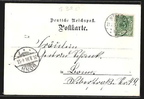 Lithographie Mehlem /Rh., Gaststätte Villa Friede P. Spindler mit Eisenbahn, Rhein- und Siebegebirgsblick