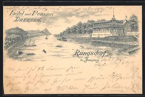 Lithographie Rüngsdorf /Rh. bei Godesberg, Hotel und Pension Dreesen mit Rhein und Umgebung
