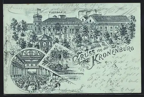 Mondschein-Lithographie Dortmund, Gasthaus Kronenburg mit Anlagen und Pavillon, Saal, Schwanenteich