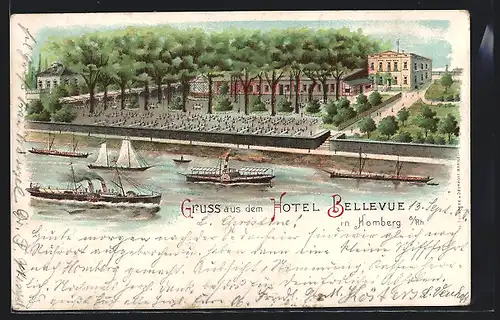 Lithographie Homberg / Rhein, Hotel Bellevue, Rheindampfer