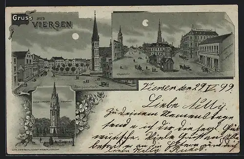 Mondschein-Lithographie Viersen, Neumarkt, Remigius-Platz mit Turm