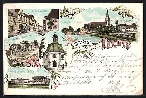 Lithographie Telgte, St. Rochus Hospital, Emspartie mit Mühlen, Kapellenstrasse