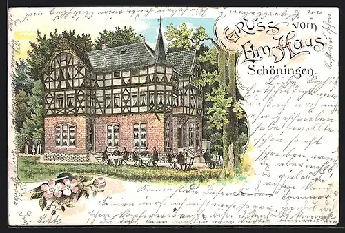 Lithographie Schöningen, Restaurant Elm-Haus mit Gartenlokal