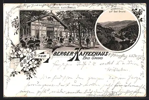 Lithographie Bad Grund, Gasthaus Iberger Kaffeehaus mit Garten, Fernsicht auf Bad Grund