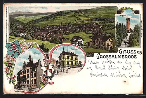 Lithographie Grossalmerode, Rathaus, Postamt, Gesamtansicht mit Umgebung aus der Vogelschau
