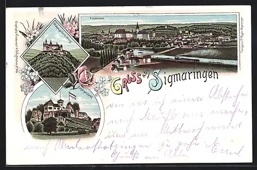 Lithographie Sigmaringen, Panorama, Schützenhaus, Hohenzollern-Burg