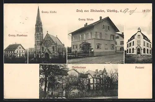 AK Altshausen /Württ., Martinshaus, Ev. Kirche, Schule u. Pfarrhaus, Post