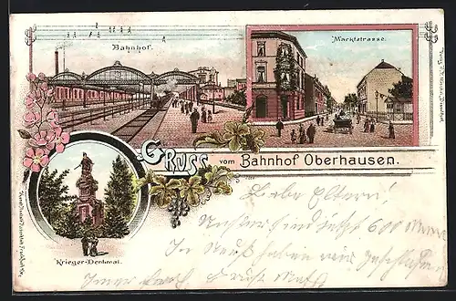 Lithographie Oberhausen / Rheinland, Bahnhof, Marktstrasse, Krieger-Denkmal