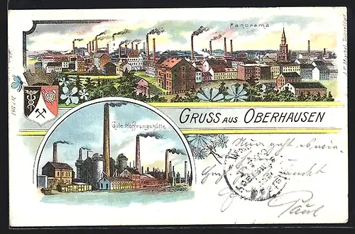Lithographie Oberhausen / Rheinland, Gute Hoffnungshütte, Stadt-Panorama