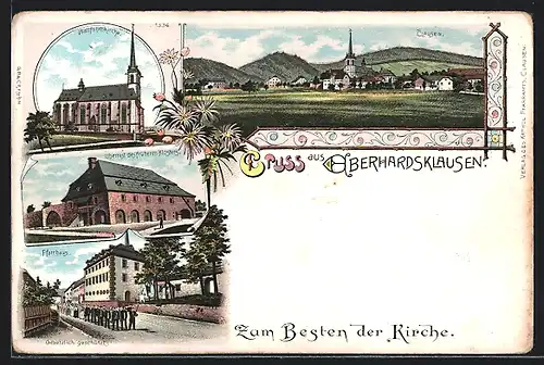 Lithographie Eberhardsklausen, Wallfahrtskirche, Überrest des früheren Klosters, Pfarrhaus