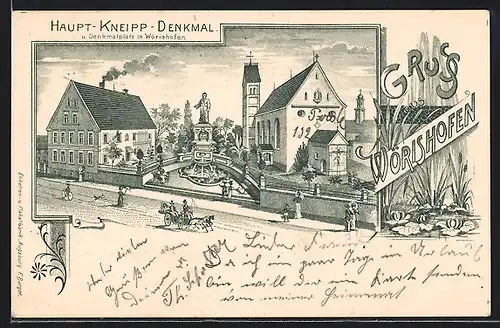 Lithographie Wörishofen, Haupt-Kneipp-Denkmal & Denkmalsplatz