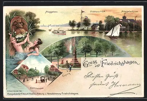 Lithographie Berlin-Friedrichshagen, Müggelsee mit Dampfer, Friedrichstrasse, Kurpark