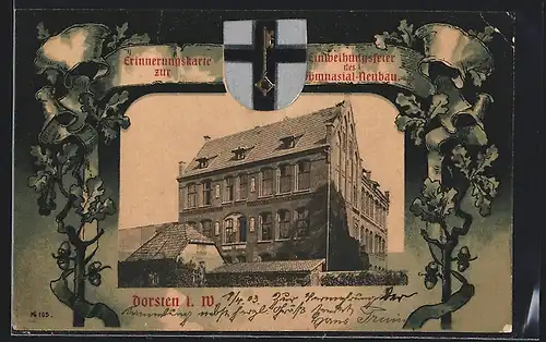 AK Dorsten i. W., Einweihungsfeier des Gymnasial-Neubau, Wappen, Passepartout