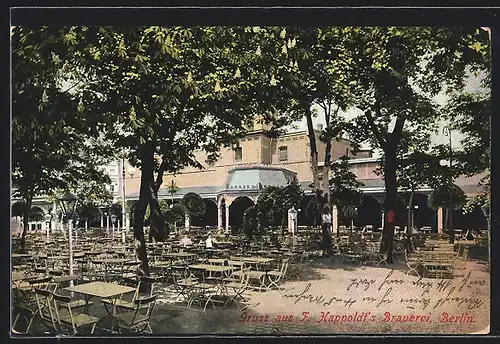 AK Berlin-Kreuzberg, F. Happoldt`s Brauerei mit Terrasse