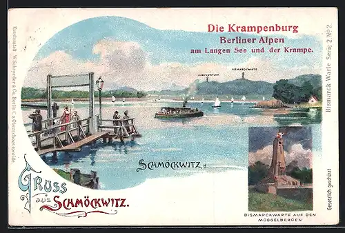 Lithographie Berlin-Schmöckwitz, Am Bootsanleger, Bismarckwarte auf den Müggelbergen
