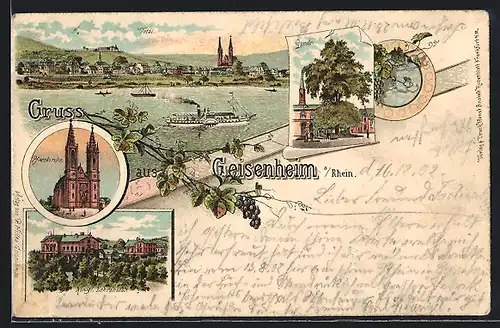 Lithographie Geisenheim a. Rhein, Königliche Lehranstalt, Pfarrkirche, Linde