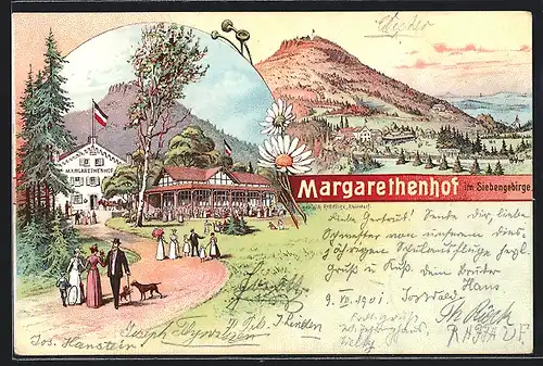 Lithographie Margarethenhof im Siebengebirge, Gasthaus Margarethenhof, Panorama