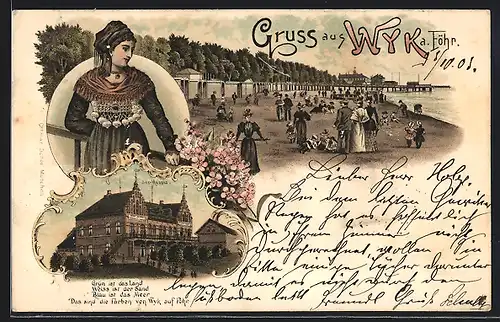 Lithographie Wyk a. Föhr, Spree-Hospiz, Strandleben und Frau in Nationaltracht