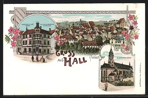 Lithographie Hall, St. Katharinakirche, Weinstube und Cafe Vetter, Totalansicht aus der Vogelschau