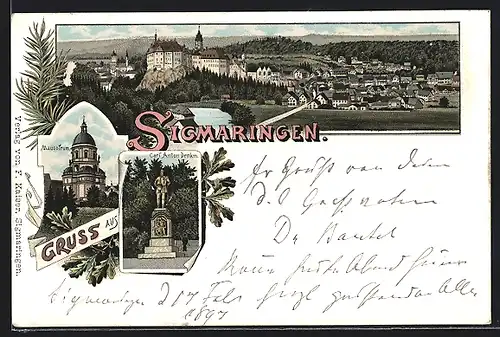 Lithographie Sigmaringen, Ortsansicht aus der Vogelschau, Blick auf Mausoleum und Carl Anton Denkmal