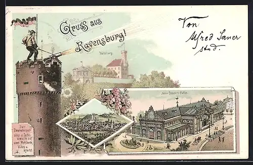 Lithographie Ravensburg, Neue Concert-Halle, Veitsburg, Stadtansicht