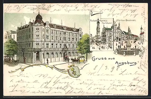 Lithographie Augsburg, Hotel Kaiserhof, Merkur Brunnen und Perlachthurm m. Rathaus