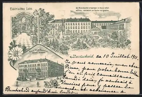 Lithographie Burtscheid, Grand Hotel Rosenbad von Hugo Weber, Das Hotel vom Garten aus gesehen