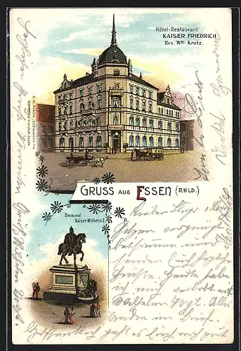 Lithographie Essen / Ruhr, Hotel-Restaurant Kaiser Friedrich, Bes. Ww. Kratz, Denkmal Kaiser Wilhelm I.