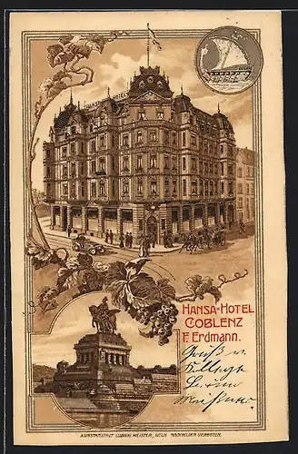 Lithographie Koblenz, Abbild v. Hansa-Hotel, F. Erdmann