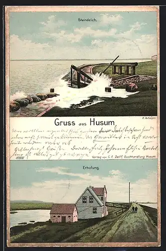 Lithographie Husum / Nordsee, Steindeich, Erholung