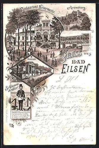 Vorläufer-Lithographie Bad Eilsen, 1895, Restaurant Heinemeyer, Kursaal undd Arensburg