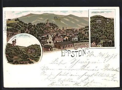 Lithographie Eppstein i. T., Kaisertempel und Hotel, Ahnenturm, Besitz de Neufville