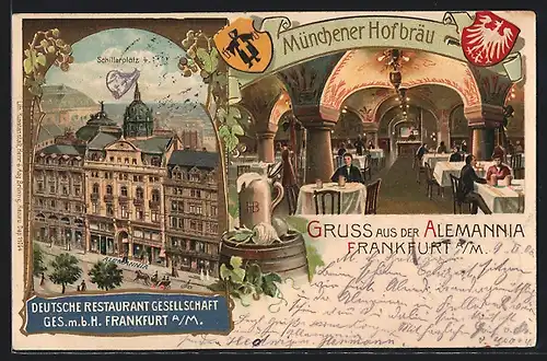 Lithographie Frankfurt a. M., Münchener Hofbräu, Deutsche Restaurant Gesellschaft Alemannia