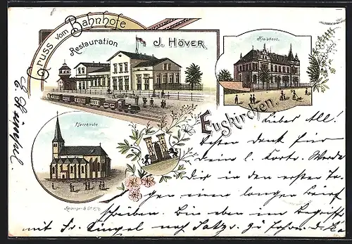 Lithographie Euskirchen, Restaurant J. Höver, Pfarrkirche, Kreishaus