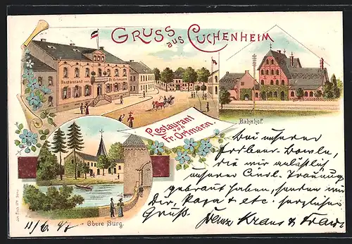 Lithographie Cuchenheim, Restaurant von Fr. Ortmarin, Bahnhof, Obere Burg