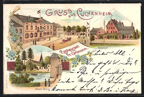 Lithographie Cuchenheim, Bahnhof, Restaurant von Fr. Ortmarin, Obere Burg