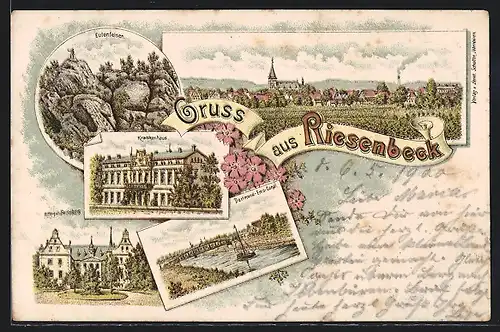 Lithographie Riesenbeck, Krankenhaus, Eulenfelsen, Rittergut Surenburg, Dortmund-Ems-Kanal mit Segelschiff