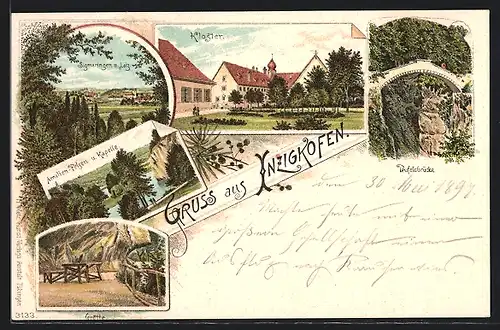 Lithographie Inzigkofen, Kloster, teufelsbrücke, Amalien-Felsen u. Kapelle