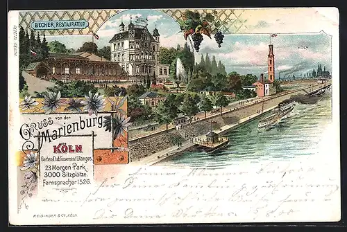 Lithographie Köln, Garten-Etablissement Marienburg, Dampfer