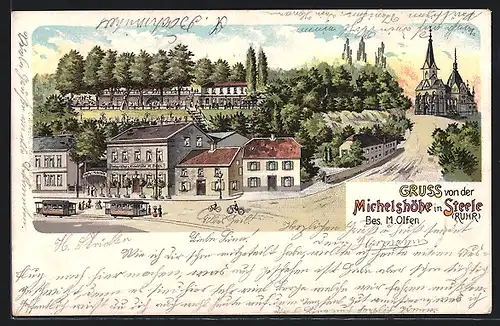 Lithographie Steele /Ruhr, Strassenbahnen vor Restaurant zur Michelshöhe