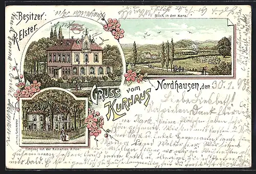 Lithographie Nordhausen, Blick auf das Kurhaus, Eingang von der Kastanien-Allee