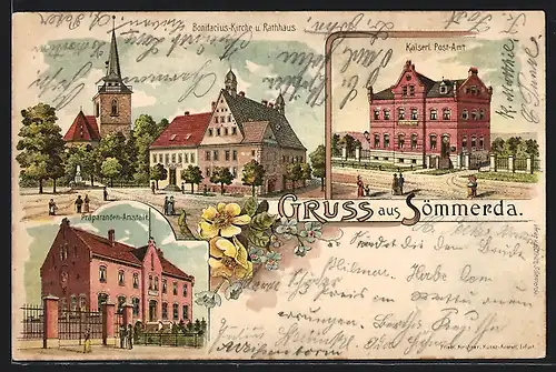 Lithographie Sömmerda, Bonifacius-Kirche und Rathhaus, Präparanden-Anstalt, Kaiserl. Post-Amt
