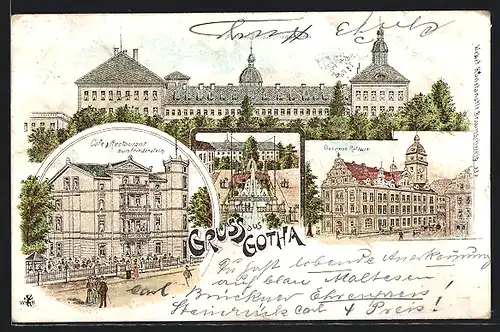 Lithographie Gotha, Café-Restaurant zum Friedenstein, Schloss, neues Rathaus